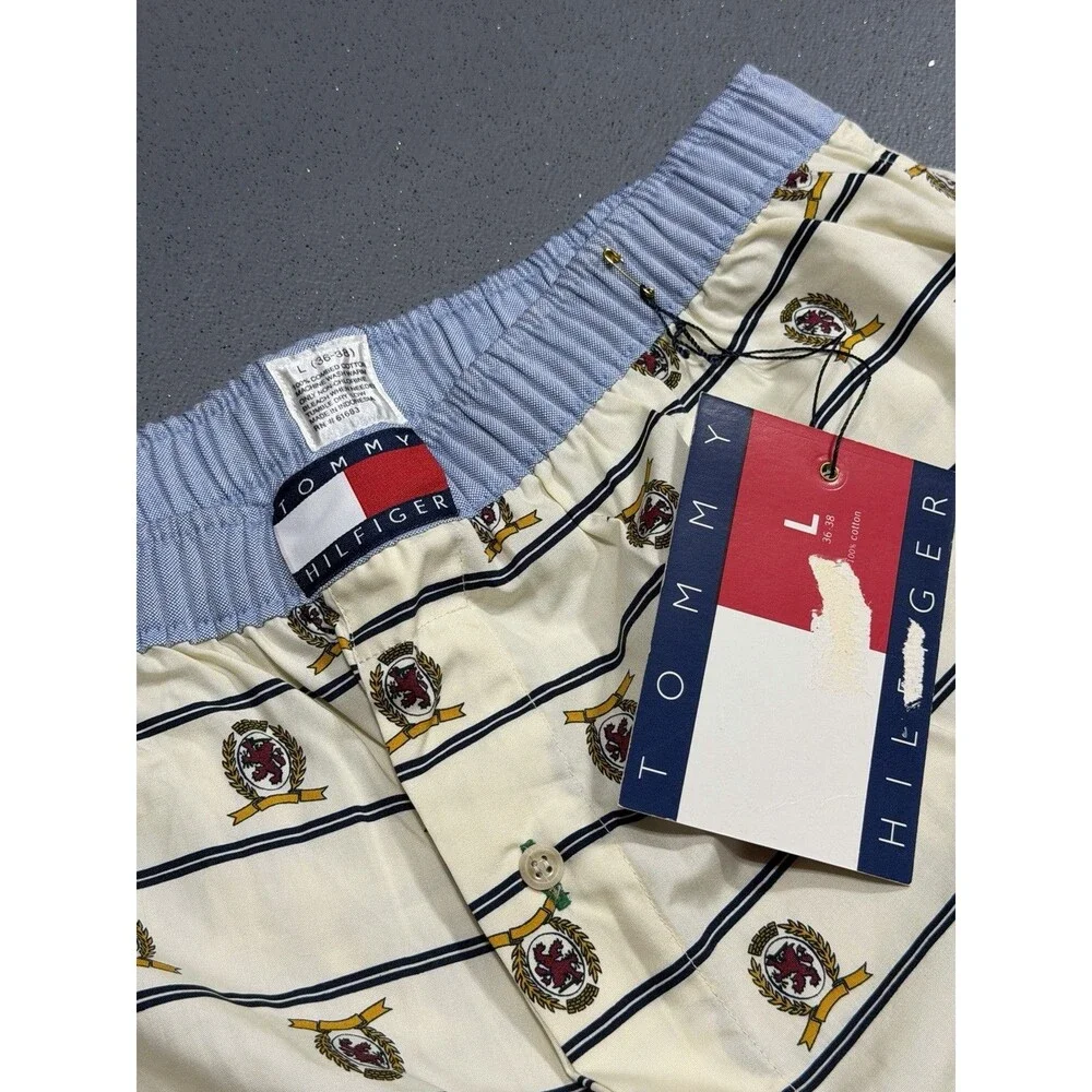 NWT Vtg 90s Tommy Hilfiger Crest Boxers Large Cream Stripe Cotton Lounge Shorts
